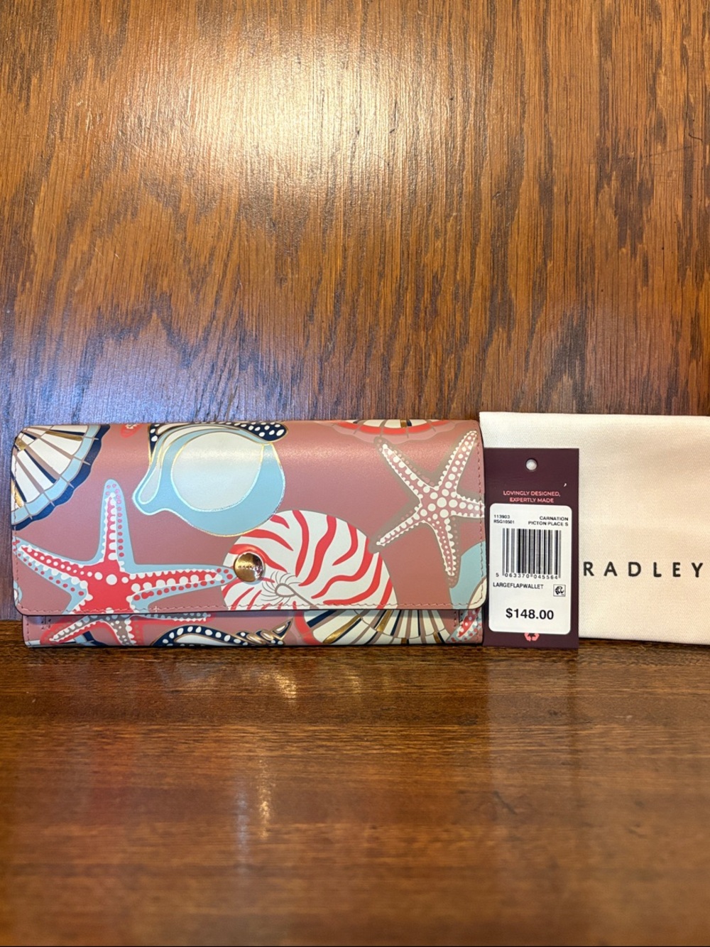 NWT-Radley London-Picton Place-Lg Flap Bifold Wallet-Carnation-Gold Accents-$148